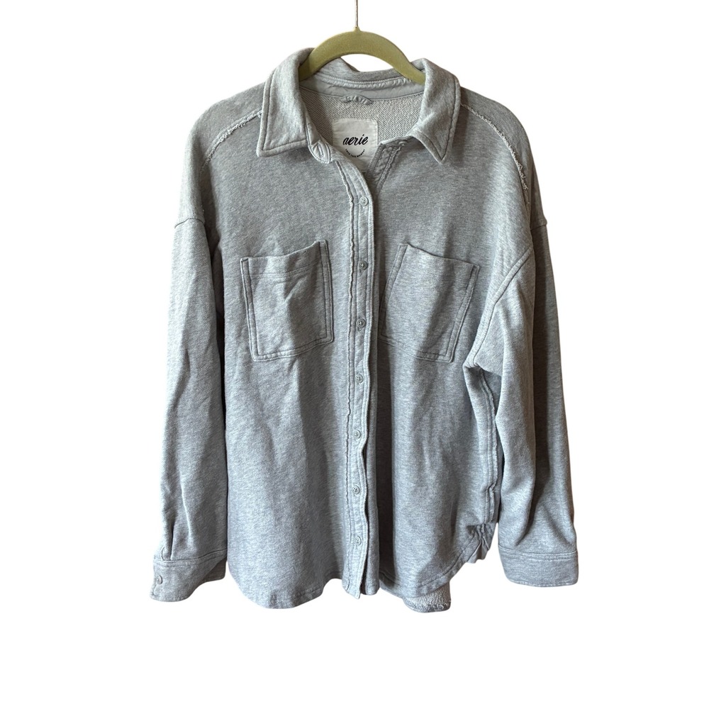 Aerie Shacket Womens XS Grey Excellent French Terry Raw Seam Button Down Shirt
